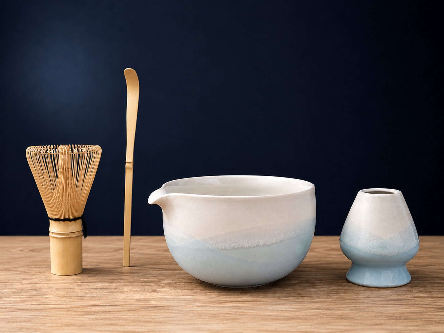 Matcha-Set B «Meeresblau» - 4 Teile Schale, Besen, Löffel & Halter